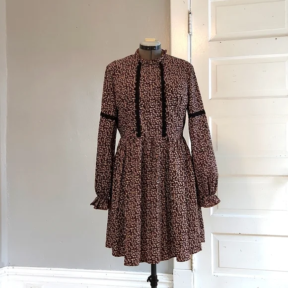 Shein Dresses | Boho Brown Black Floral Print Dress with Lace Piping Large Brand New | Color: Black/Brown | Size: L